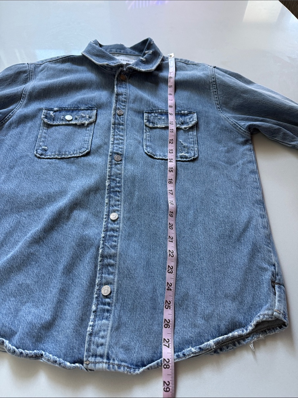 Frame Denim Light Blue Distressed Denim Shirt Jacket, Relaxed Fit, Unisex - Picture 11 of 13